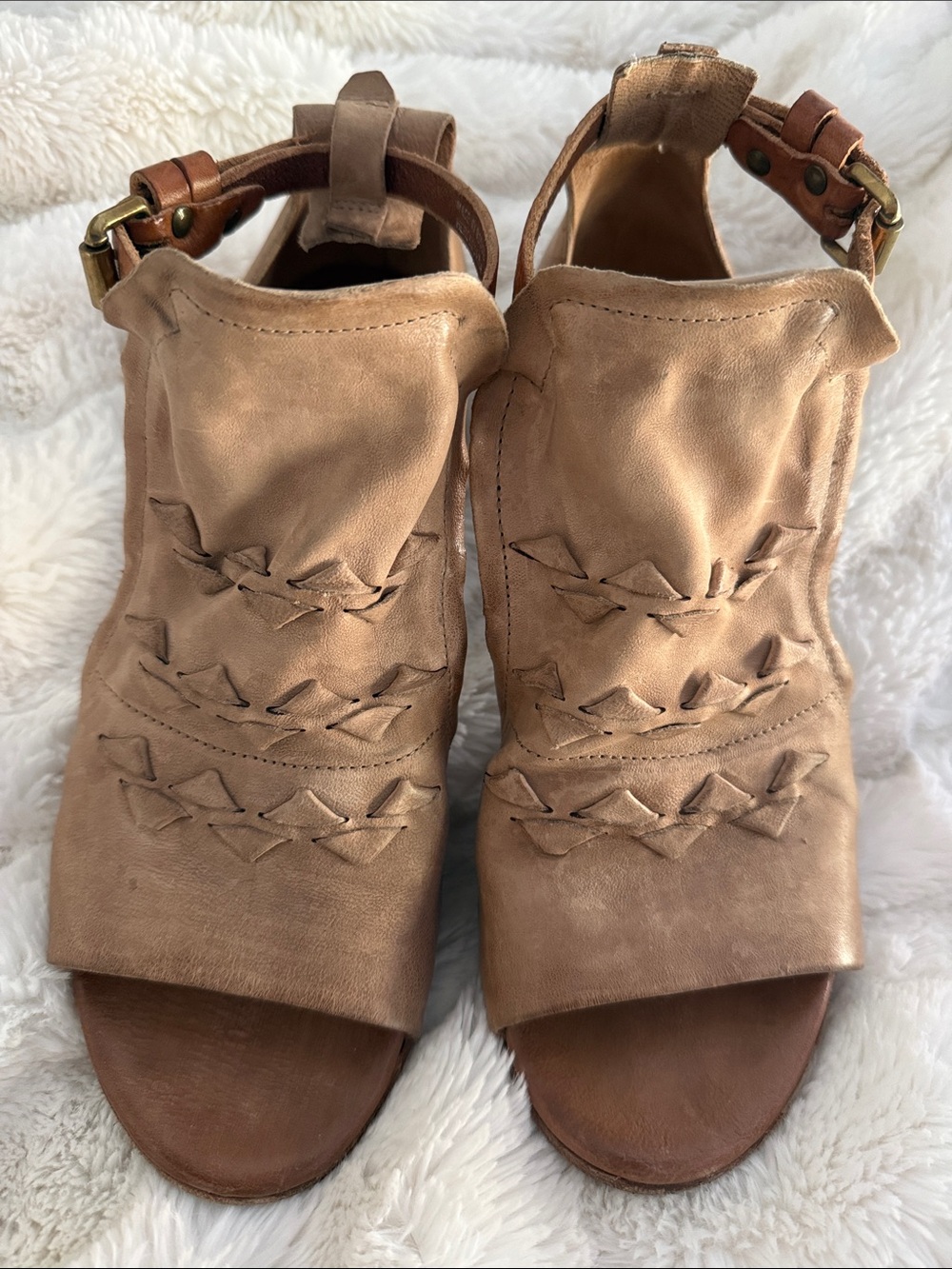 A.S.98 Women's Tan Leather Open-Toe Woven Front Mules